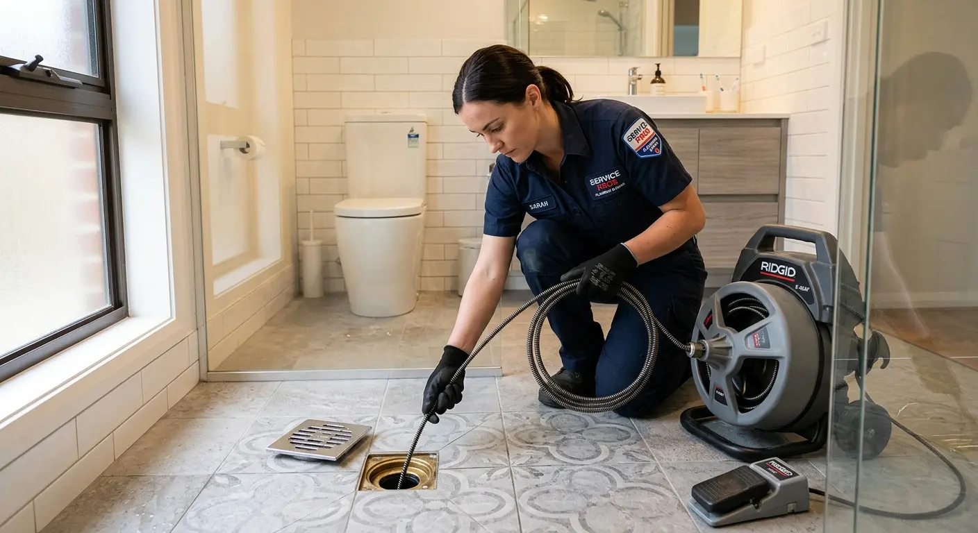 Technician clearing a bathroom floor drain for Sewer Line Replacement in Plum